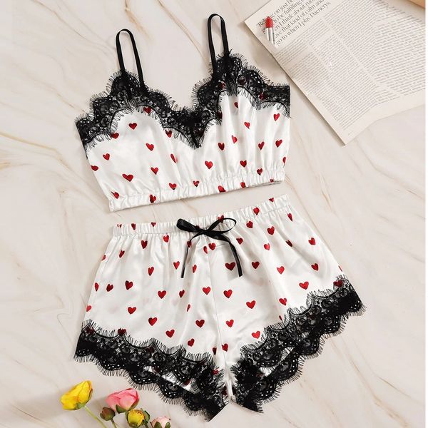 

women v-neck heart print satin camisole pajamas bowknot shorts set christmas lingerie lace bra panties, Black;white