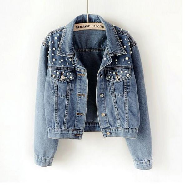 

plus size pearl beading short denim jackets 3xl 5xl women white wash long sleeve vintage casual jean jacket bomber denim coat1, Black;brown