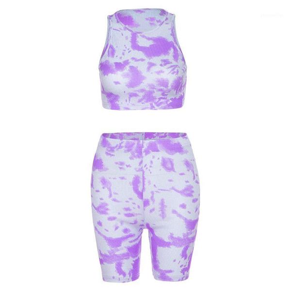 

two piece dress women tie-dye 2pcs outfit sleeveless crop high waist biker shorts tracksuit1, White