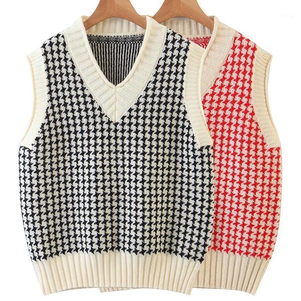 

elina v neck sweaters women fashion houndstooth sweater women elegant preppy style sleeveless pullover sweaters female ladies ht1, Black;white