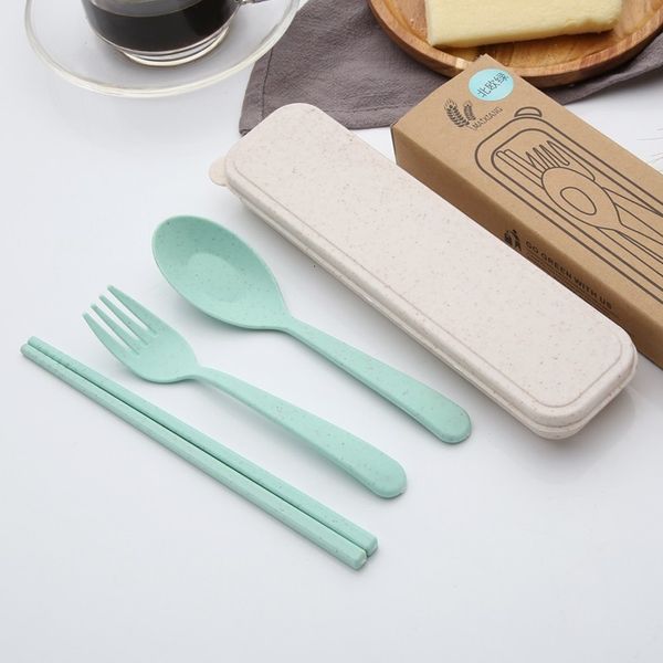 

creative wheat straw portable tableware travel 3pcs/set cutlery set gift box students household utensils dinnerware sets