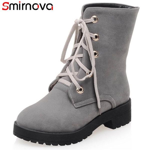 

smirnova size 33-43 2020 new fashion flock ankle boots women square med heels round toe lace spring autumn boots casual shoes, Black