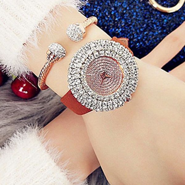 

new sale fashion ladies waterproof quartz watch leather strap full rhinestone disc ladies watch, Slivery;brown