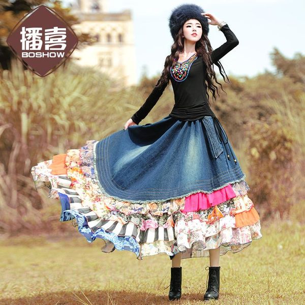 

bohemian long maxi women chiffon and denim patchwork floral skirts ruffle layered elastic waist irregural skirts, Black