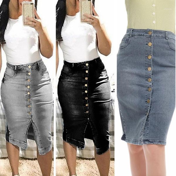 

women fashion high waist denim distressed jeans bodycon long skirt buttons pockets split bandage jeans skirt1, Black