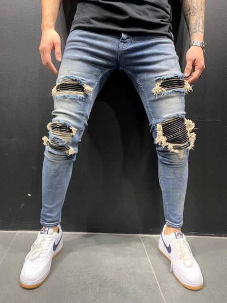 

premium blue flash laser design biker ripped men's jeans