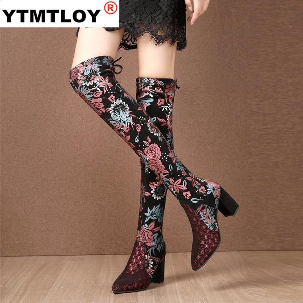 

cm high heel women over the knee boots flowers decoration thick heel long boots women lace up slim thigh high, Black
