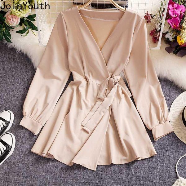 

joinyouth 2020 new women elegant dress lacing up high waist slim fit dresses korean solid long sleeve v-neck vestidos 574381, Black;gray