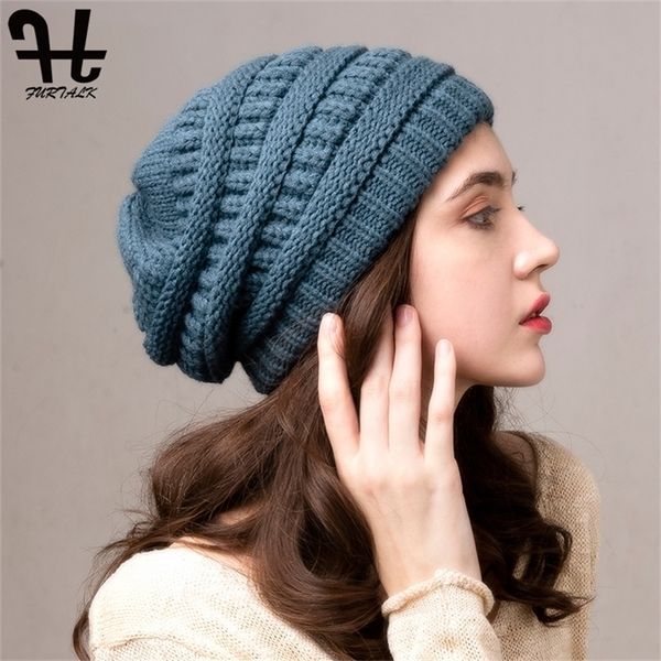 

furtalk hats for women knitted slouchy beanie hat with velvet ladies warm winter korean red black yellow cap y201024, Blue;gray