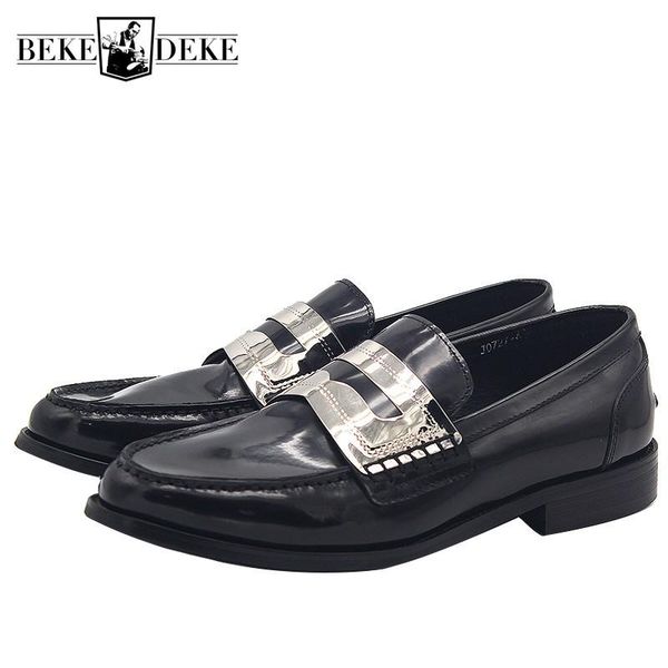 

mocassin homme metal decoration round toe shallow slip-on formal shoes men luxury italian genuine leather party dress shoe black