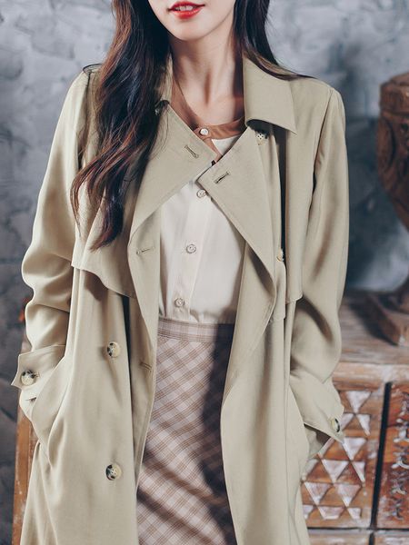 

2021 new spring autumn long trench for women casual slim double breasted chic coat with pocket 4aak, Tan;black