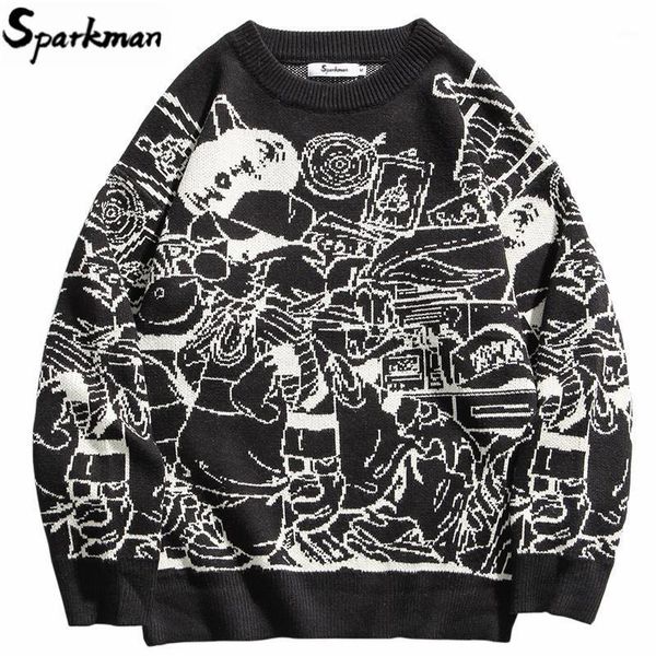 

men knitted sweater hip hop harajuku vintage retro cartoon streetwear pullover 2020 autumn winter cotton casual sweater black1, White;black