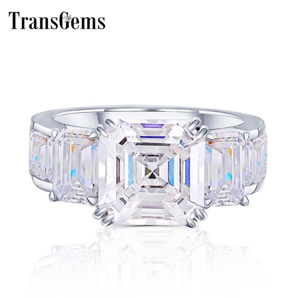 

transgems solid 18k white gold 10mm asscher cut gh color moissanite engagement ring for women with emerald cut accents y200620, Slivery;golden