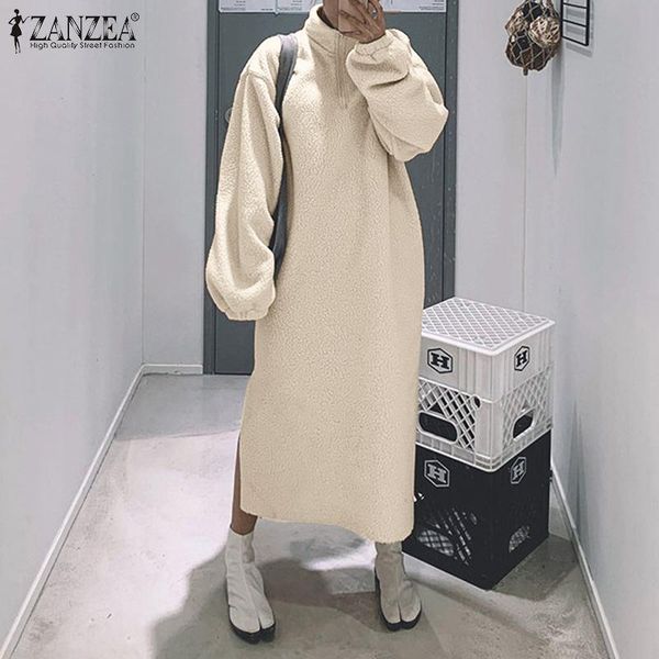 

fashion turtleneck long sleeve sweatshirt dress zanzea women winter plush fluffy fleece sundress autumn kaftan pullover vestidos, Black;gray