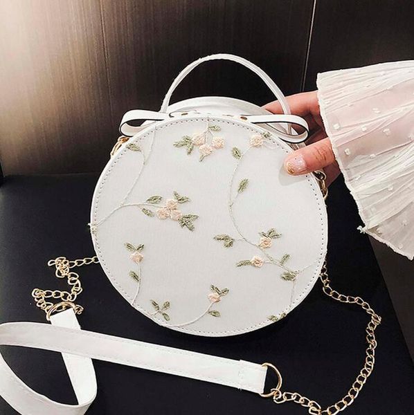 

sweet lace round handbags pu leather women crossbody bags female small fresh flower chain shoulder bags
