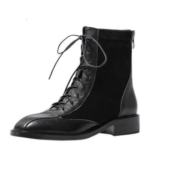 

2021 new cross tied motocycle women ankle boots autumn winter patchwork genuine leather low heels night club shoes woman 8or4, Black