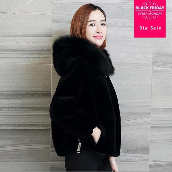 

women's fur & faux winter jacket for collar hooded coat fashion design long sleeve warm sheep shearing slim outwear l1519, Black