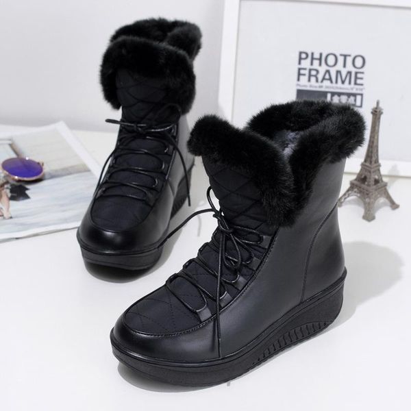 

2020 autumn and winter new down short tube women's snow boots cross straps pu thickening plus velvet wedge with large size, Black