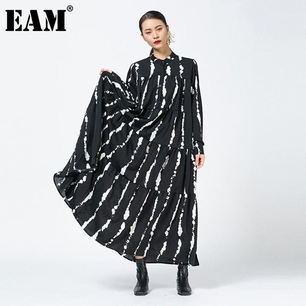 

eam] women white wrinkled print pattern dress new stand collar long sleeve loose fit fashion tide spring autumn 2021 1dd29961, Black;gray