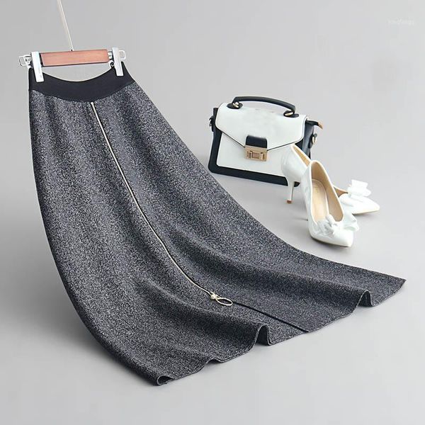 

2020 high waist knitted winter long fashion zip women autumn thick skirt faldas jupe femme saia1, Black