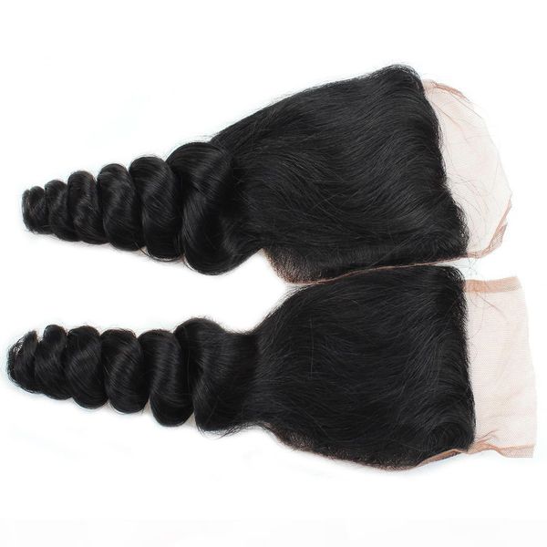 

8a virgin human hair closure 4*4 loose wave swiss lace closure middle three part brazilian peruvian malaysian indian hair black color, Black;brown