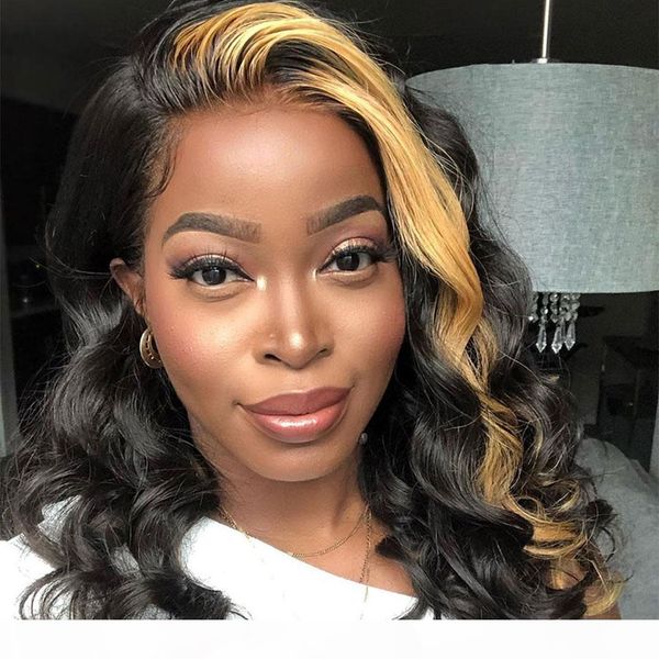 

brazilian remy body wave lace front human hair wig ombre blonde highlights color 180% density middle part pre plucked, Black;brown