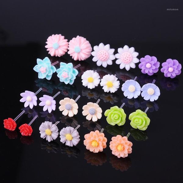 

stud 8seasons fashion colorful rose chrysanthemum flower plastic earrings set for women party club jewelry,1set1, Golden;silver