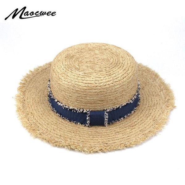 

wide brim hats summer raffia women beach sun hat for elegant lady tassel flat pork pie bucket hatgarland sunbonnet with denim ribbon 2021, Blue;gray