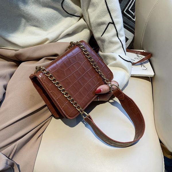 

fashion retro handbag square flap chain shoulder bag women's cross-body bags stone pattern pu leather shoulder tote bags bolsos