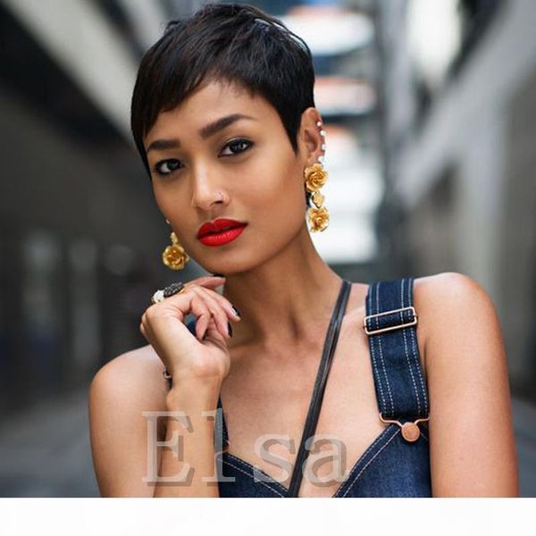 

short pixie none lace human hair wigs with bangs virgin brazilian human hair glueless none lace wig for black women, Black;brown