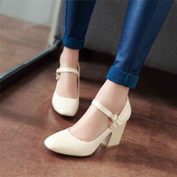 

shoes ymechic dress autumn black white block heel office mary jane women buckle ladies plus size high heels pumps big size1