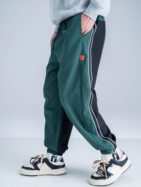 

men patch detail contrast tape two tone pants s40m#, Black