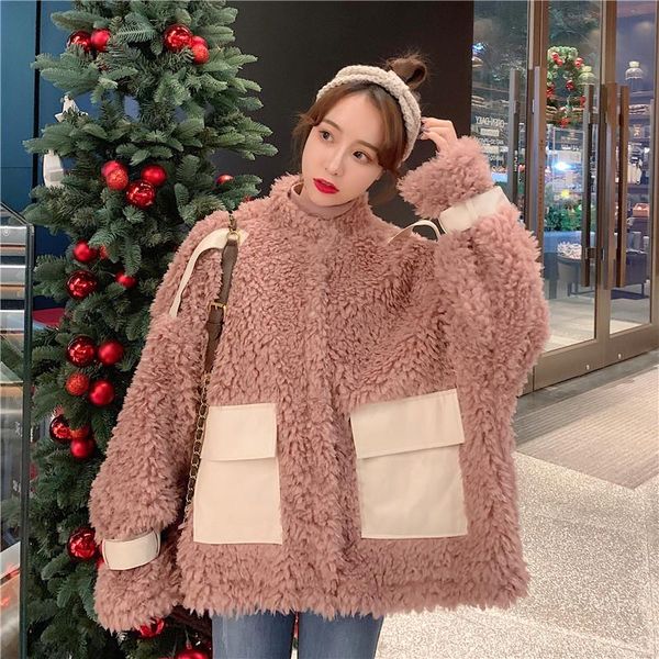 

women's fur & faux winter coat korean style stitching loose wild big pockets one fashion thick lamb wool warm female trend, Black
