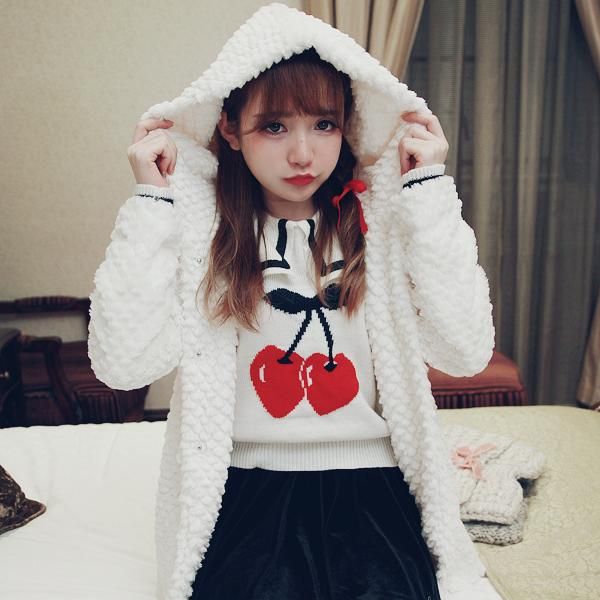 

women's wool & blends princess sweet lolita coat bobon21 fish scales plush with hood c1298, Black