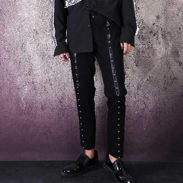 

streetwear hip hop punk gothic casual black harem pants male fashion rivet pencil trousers night club singer stage clothing men1