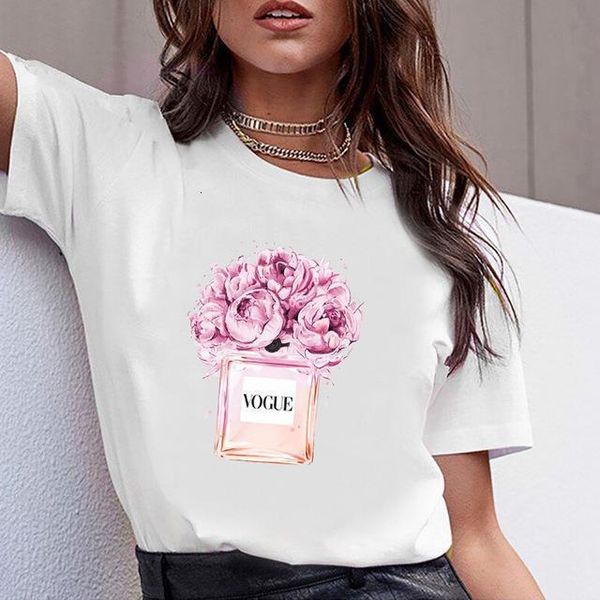 

women t shirt flower perfume bottle print sweet short sleeve tshirt women shirt t female t-shirt casual woman tee clothes, White