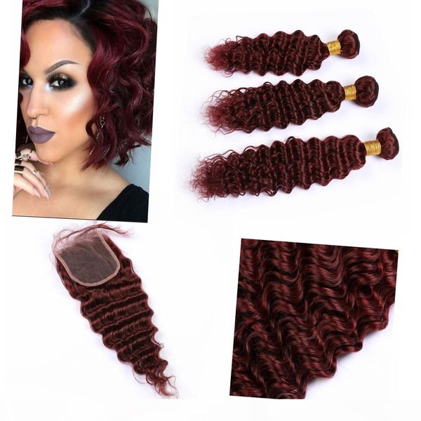 

indian red hair bundles human hair with 99j color wet and wavy bundles with closure human hair deep wavy, Black;brown