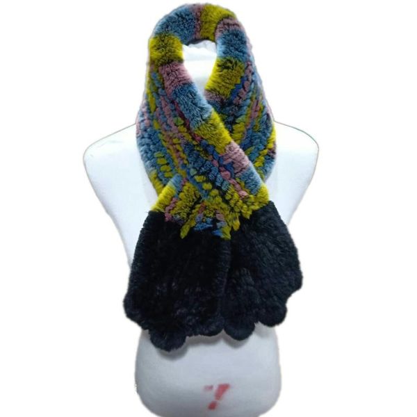 

women 100% real rex handmade fur knitted scarf lady winter warm shawl soft stitching multi-color black 100*14 cm, Blue;gray
