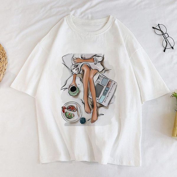 

graphic cartoon korean 2021 new women's t-shirt sitting on the car t-shirt female printing girl harajuku fashion t-shirt, White