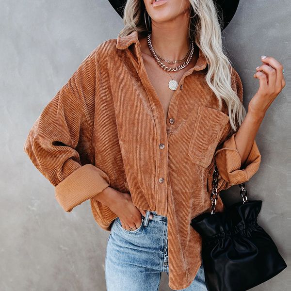 

2021 new autumn winter casual corduroy women long sleeve solid loose streetwear single breasted ladies shirt blouses outwear wndp, White