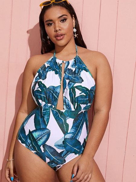 

plus tropical halter one piece swimsuit i8km#, Black