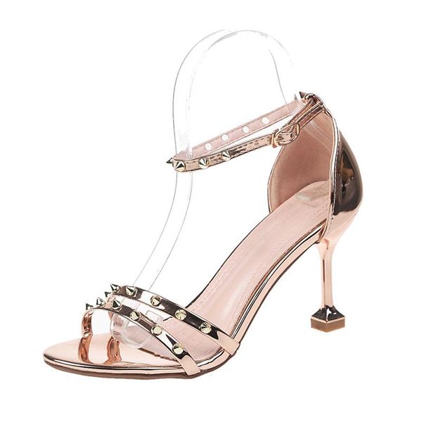 

women sandals high heels summer thin heel pu leather rivet peep toe party shoes sandalia feminina size 34-39, Black