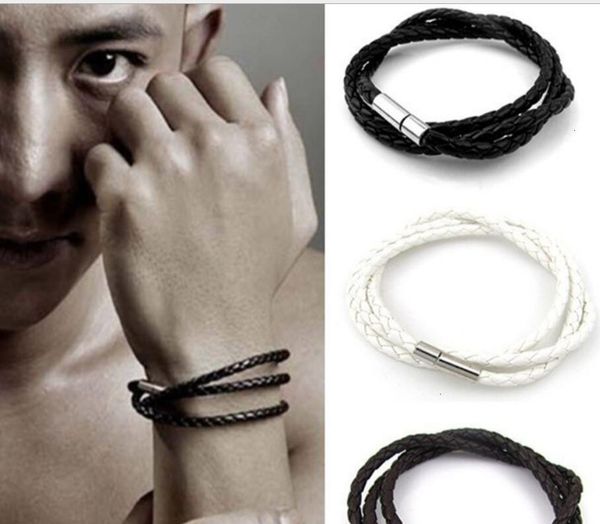 

fashionwth7magnetic mens leather bangle stainless bracelets black/brown mesh steel clasp double wrap wristband beautiful titanium p