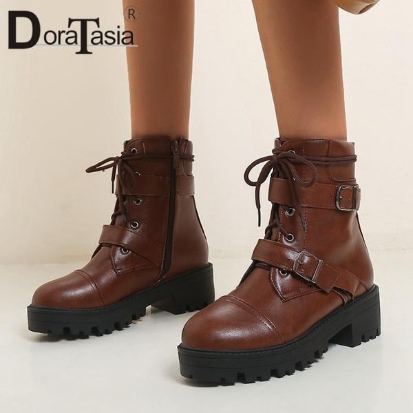 

doratasia big size 35-43 new ladies chunky heels boots fashion buckle zip ankle boots women ins party office shoes woman, Black