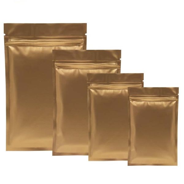 Großhandel 100 stücke Matt Gold Aluminiumfolie Ziplock Verpackungstasche Metallic Reißverschluss Packung Taschen Pulver Zucker Geschenk Folienbeutel