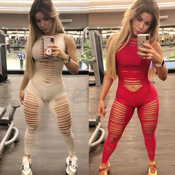 

women jumpsuit hollow out design sleeveless o neck solid color slim skinny sports jumpsuits drop shipping good quality, Black;white