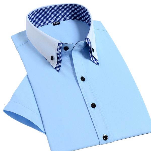 

men's short sleeve two layer collar solid color business formal button down smart casual shirt summer fashion, White;black