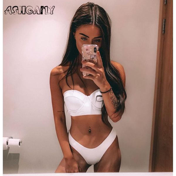 

high waist swimwear women swimsuit 2020 bikini bandage bikinis set padded bathing suit new leaf print biquini maillot de bain c1008, White;black