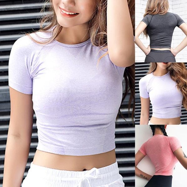 

women's energy seamless yoga shirts short sleeve crop basic scoop neck female sports fitness gym workout runningkg-322, White;red