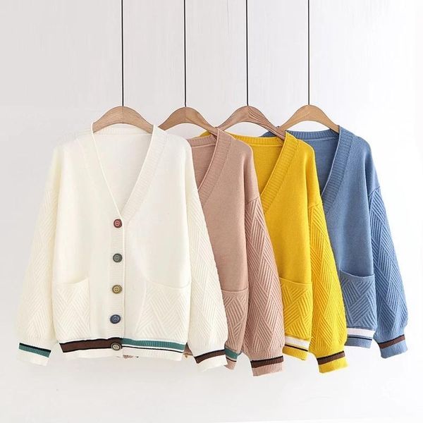 

single-breasted cardigan knitted sweater women fashion lazy wind loose striped pockets v-neck long-sleeve clothes autumn female, White